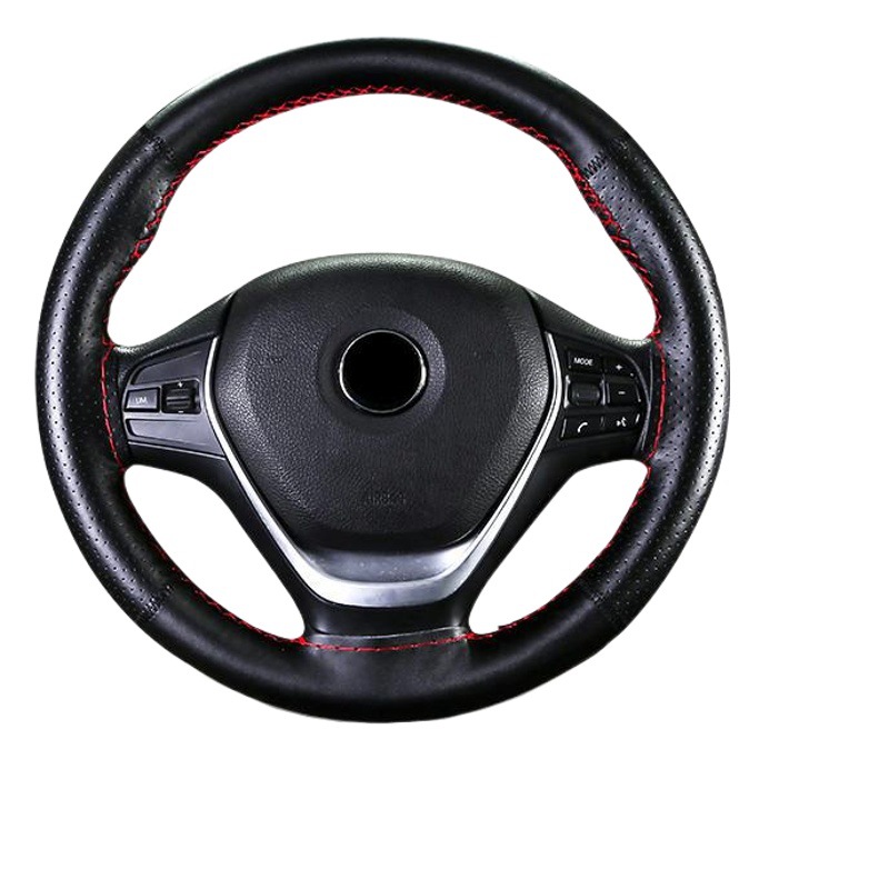 Side-Hole Style Genuine Leather Hand-Stitched Steering Wheel Cover, Universal Cowhide Car Handle Cover for All Seasons