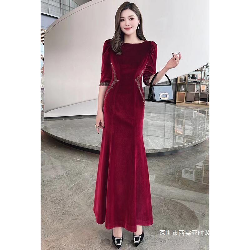 Shenzhen Original Mother-In-Law Wedding Dress for Mothers, Slim-Fit Long Style for Autumn and Winter, Burgundy Wedding Dress