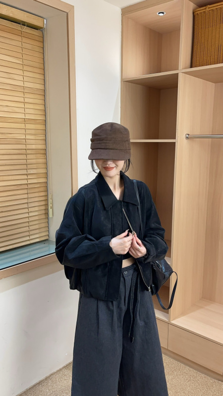 杭产翻领拉链短款皮衣外套女秋季新款宽松时尚休闲夹克上衣|undefined