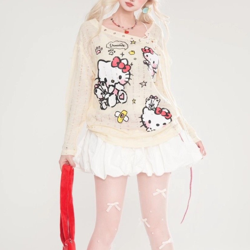 日韩设计感薄款长袖百搭上衣潮 kitty猫交叉绑带微透宽松罩衫女夏