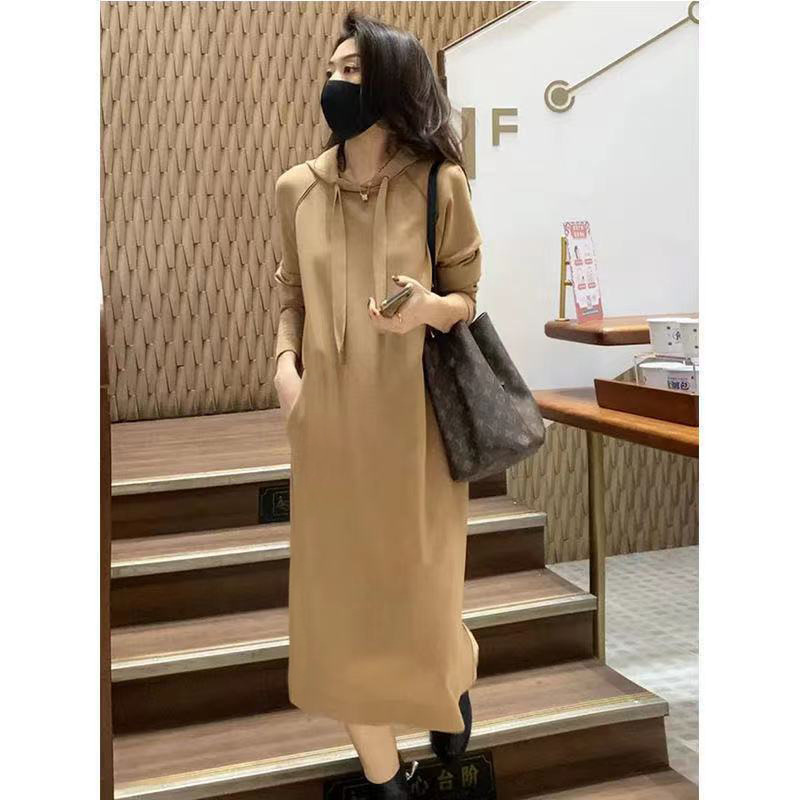 Temperament Long Skirt for Women 2025 Autumn and Winter New Style Long-Sleeved Fashion Hooded Splicing Loose Casual Mid-Length Dress for Women