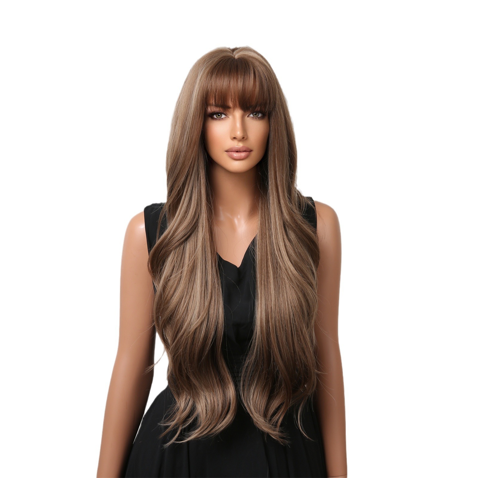 Amazon Venta caliente de las mujeres peluca con explosiones marrón largo pelo rizado natural mullido toda la fibra química