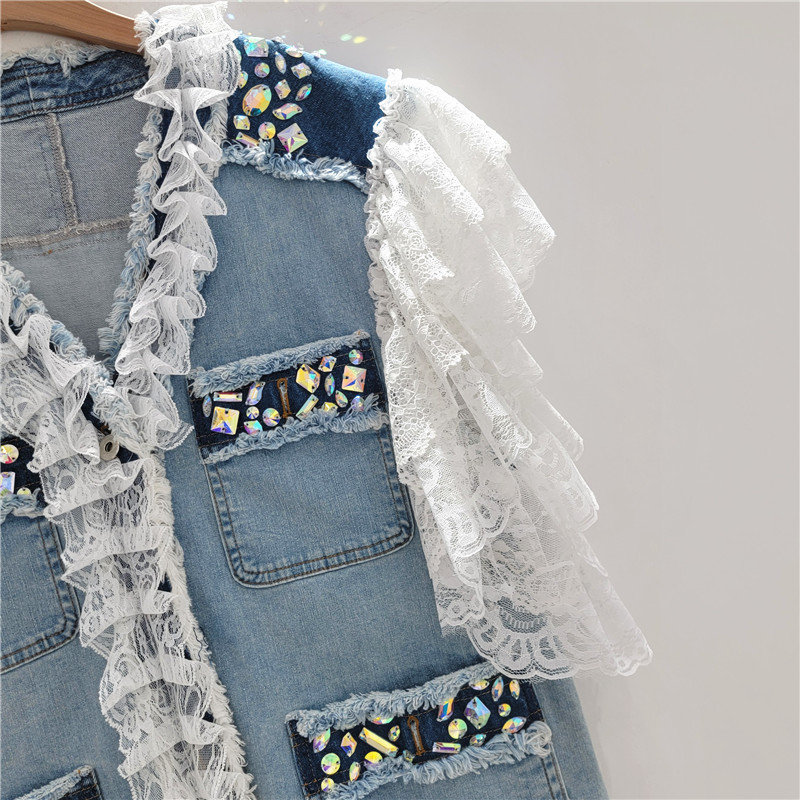 Diseño pesado diamante de cuello V chaleco denim de verano nuevo encaje suelto chaqueta sin mangas de lótus