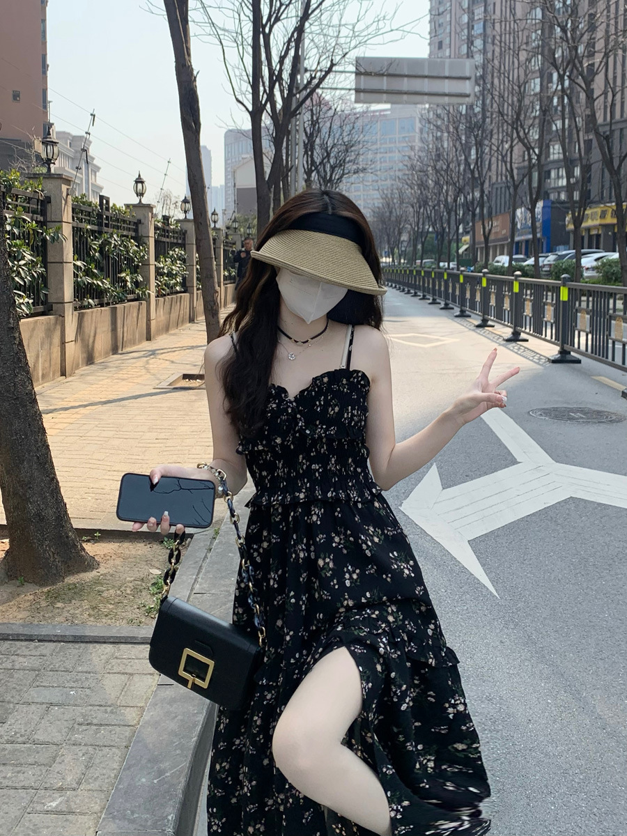 Đầm maxi nữ thắt eo xẻ tà dài phong cách trà chiều — đen chi tiết 5