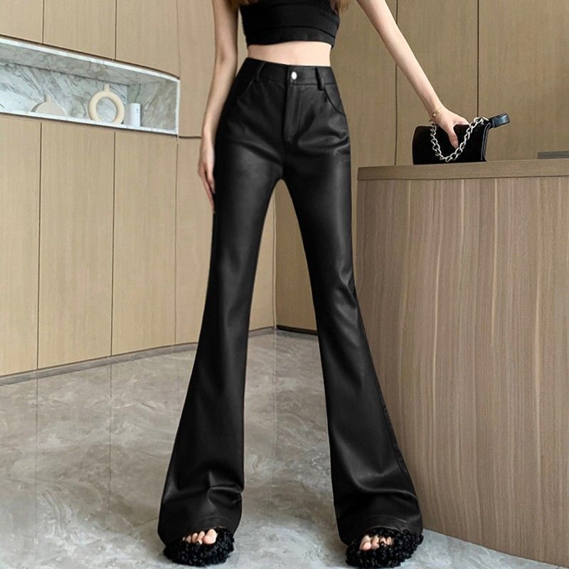 大码微喇裤女2025春秋新款韩版复古时尚PU皮裤百搭高腰显瘦喇叭裤|undefined