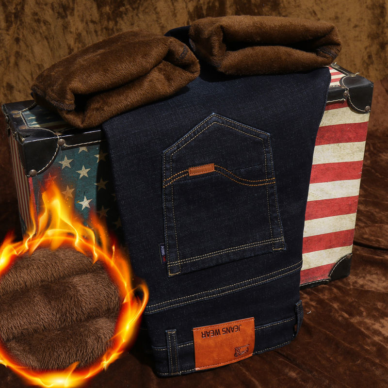 Otoño e invierno hombres más jeans gruesos de terciopelo hombres al por mayor pantalones de pierna recta sueltos de todo fósforo casuales pantalones de algodón cálidos y resistentes al desgaste hombres