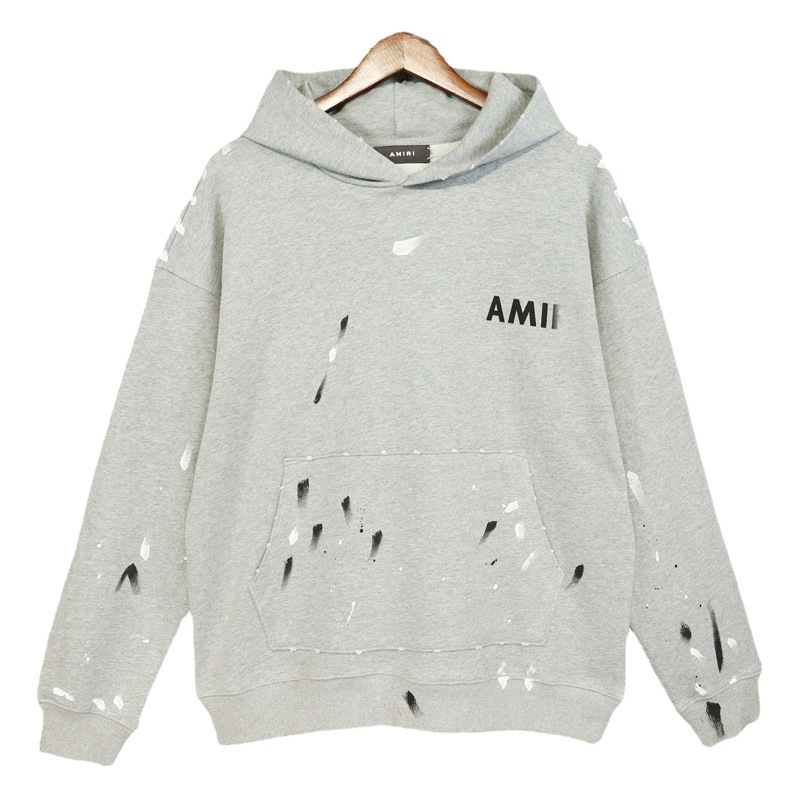 Sudadera con capucha AMIRI europea y americana Wang Yibo mismo estilo pintado a mano Impresión de salpicaduras de tinta desgastada suéter con capucha para hombres y mujeres deshilachados