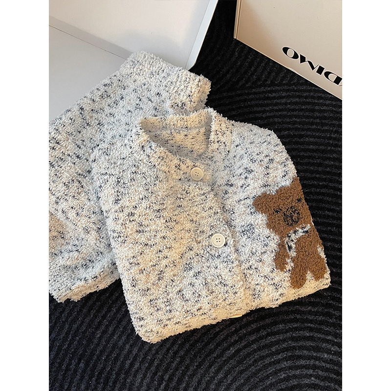 甜美可爱卡通小熊针织半边绒睡衣女秋冬季加绒加厚保暖家居服套装|undefined