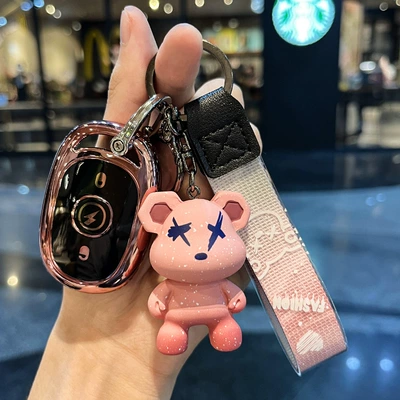 Car key bag | Buckle - electric-car-h-rose-powder-single-shell-pink-violent-bear-pendant