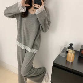 2025冬季新款蚕丝羊毛绒花边女睡衣家居服