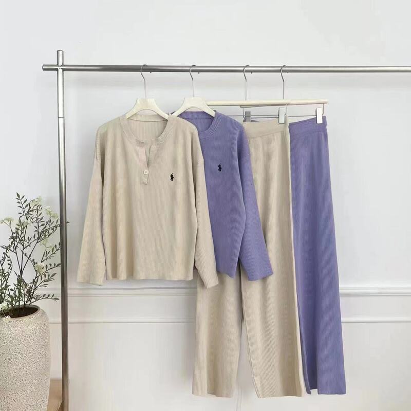 Autumn New 2024 Knitted Sweater Embroidered Fashion Casual Korean Loose Wide Leg Pants Two-piece Solid Color suit