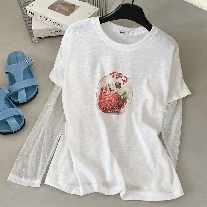 In-Stock Korean Dongdaemun Dohwa*I Strawberry Print Patchwork Mesh Sleeve Long-Sleeve T-Shirt for Women, Summer Fake Two-Piece In-Stock Korean Dongdaemun Dohwa*I Strawberry Print Patchwork Mesh Sleeve Long-Sleeve T-Shirt for Women, Summer Fake Two-Piece