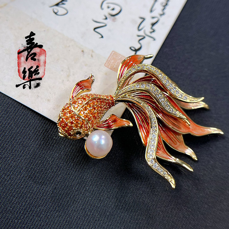 DIY accessories Chinese style koi goldfish brooch enamel copper gold-plated zircon pin pearl corsage empty holder
