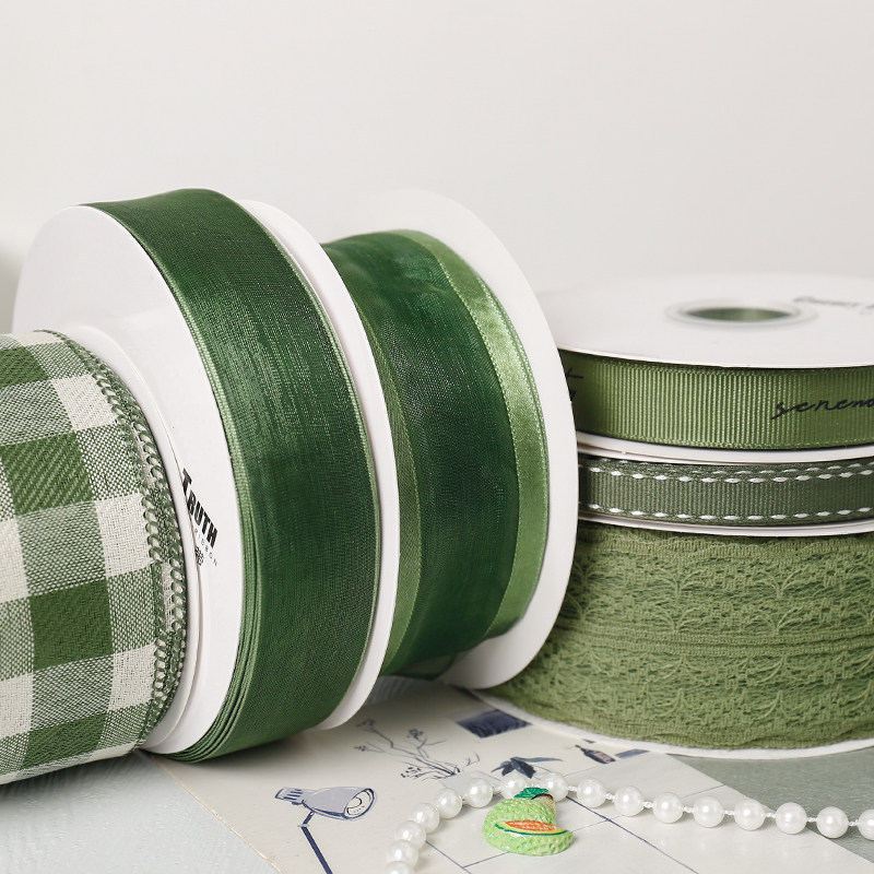 Forest-Style Green Fresh Green Ribbon Chiffon Silk Ribbon Green-Gray Theme Ribbon Floral Baking Bow