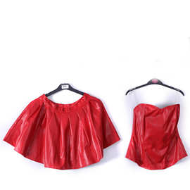 万圣节服装舞台表演派对服装成人 红色皮质百褶短裙抹胸吊带套装