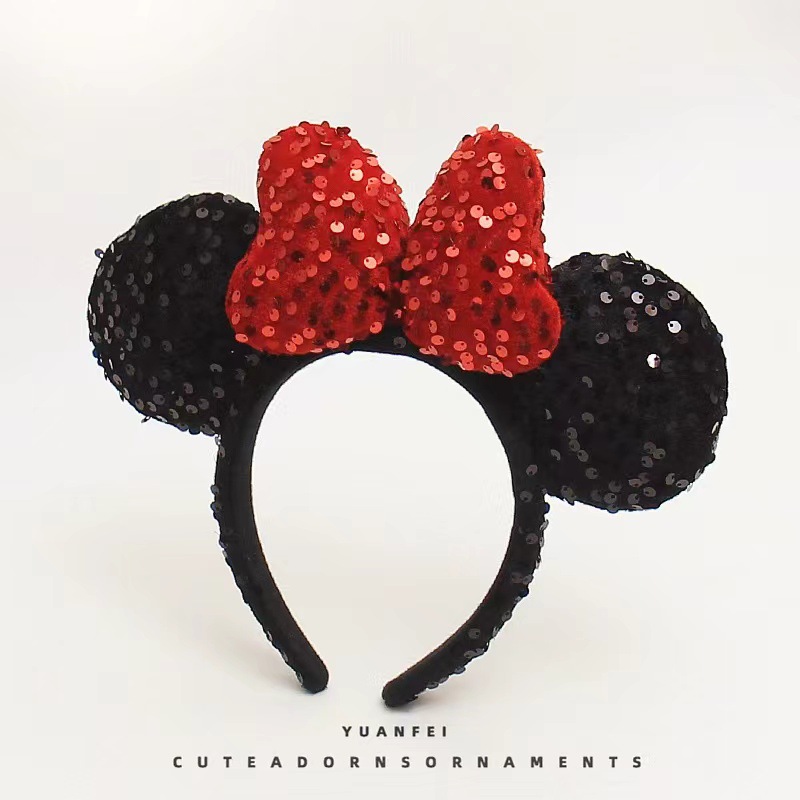면으로 채워진 검은색 귀 - 스팽글 - 빨간색 리본