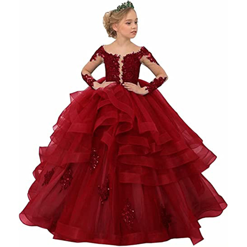Nuevo vestido de novia para niños europeos y americanos de manga larga para niñas de cumpleaños de rendimiento de encaje vestido de pastel de princesa hinchada