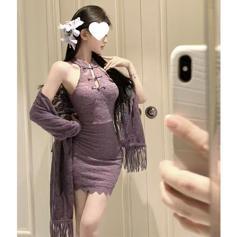 纯欲风辣妹套装女2025春秋新款新中式蕾丝披肩显瘦连衣裙两件套女|undefined