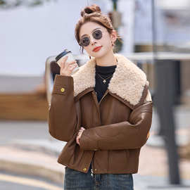仿羊羔毛大翻领pu皮棉服女2025冬新款小个子韩系宽松加厚棉衣外套