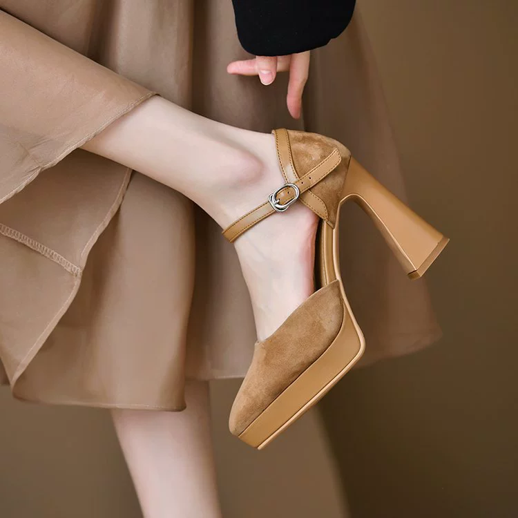 Elegant suede high heels platform, sandals pointed-toe with a strap low-cut, with side cutout in d'Orsay style, wide stable heel, spring 2025 collection
