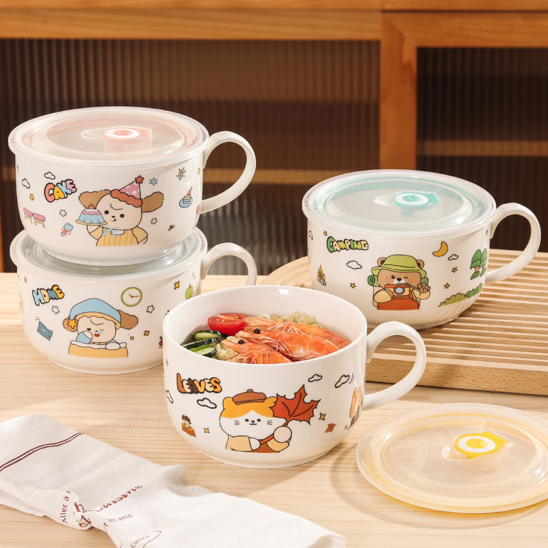 Creative Cartoon Ceramic Instant Noodle Bowl with Lid, Household Fresh-Keeping Bowl, Large Capacity Soup Bowl with Handle, High-Looking Instant Noodle Cup Creative Cartoon Ceramic Instant Noodle Bowl with Lid, Household Fresh-Keeping Bowl, Large Capacity Soup Bowl with Handle, High-Looking Instant Noodle Cup