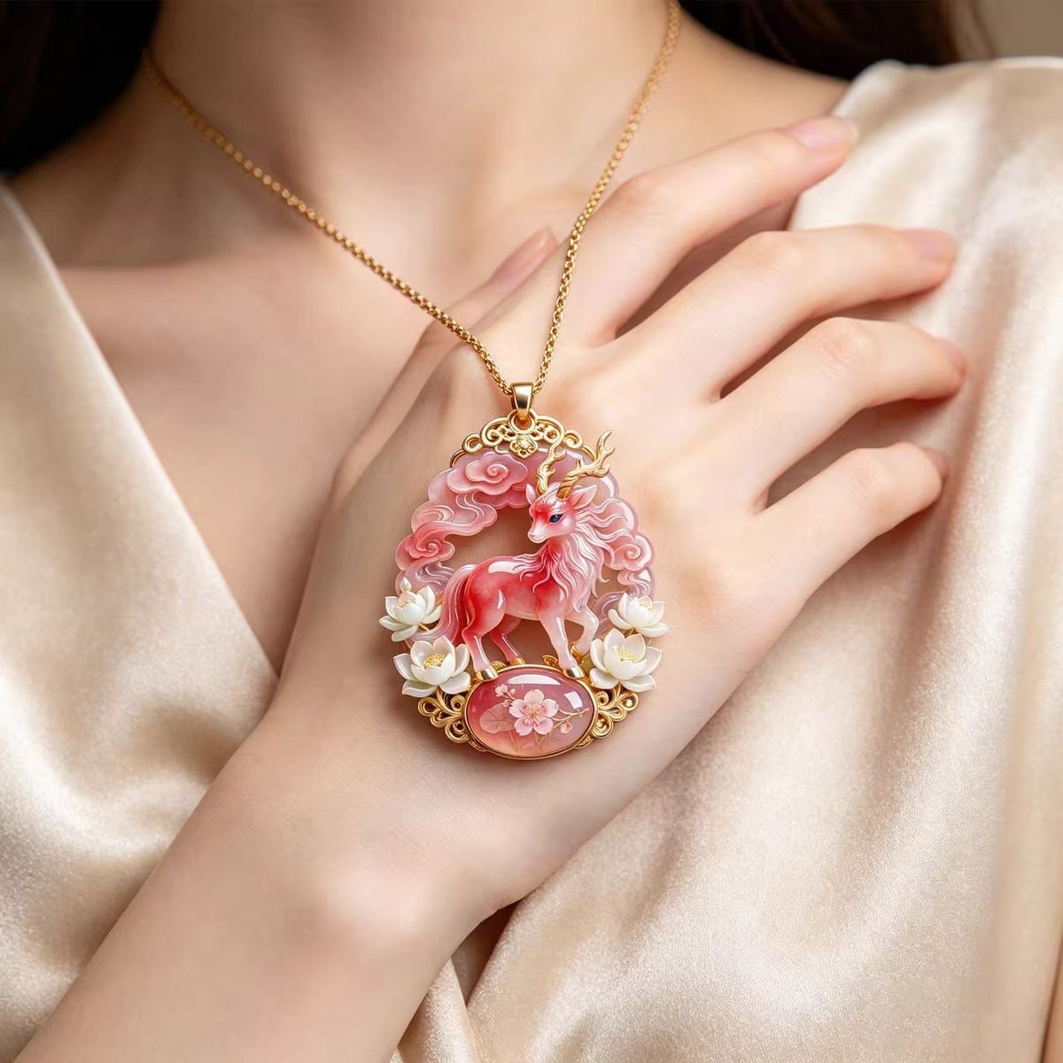 Nine-color Divine Deer O-shaped necklace, Chinese-style three-dimensional relief pendant with jade texture, auspicious elk ornament, cloud and lotus design