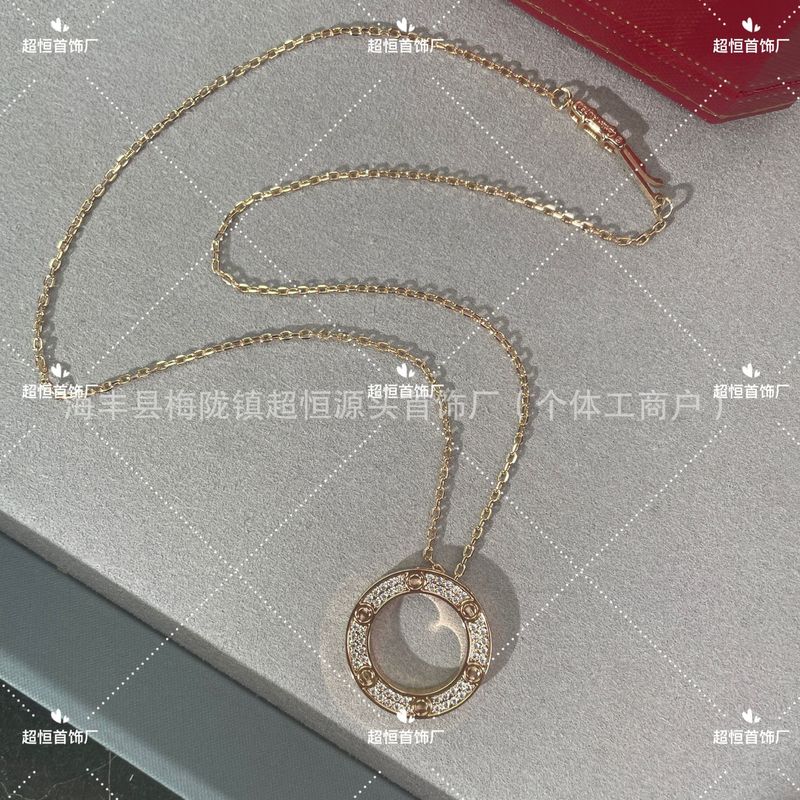V金精工高版镀18k玫瑰金满钻love大圆饼满天星吊坠女锁骨项链直播|undefined