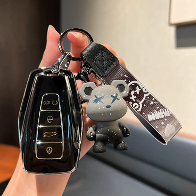 Car key bag Kong x1 Borui high-grade buckle shell - geely-d-smart-4-key-single-shell-black-grey-violence-bear-pendant