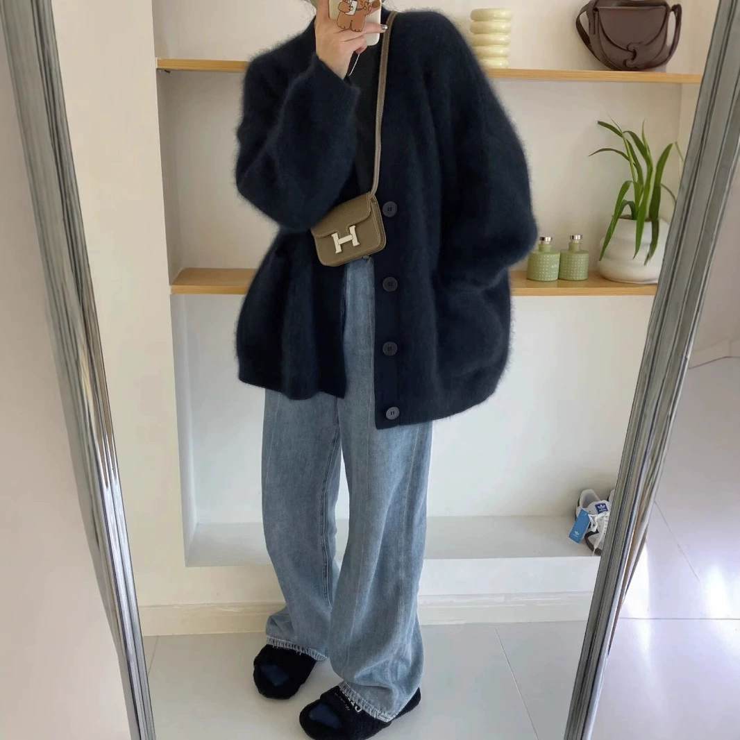 Длинношерстный норковый шерстяной свитер трикотажный кардиган женский осенний и зимний корейский vi-vi-wind ленивый ветер свободный толстый пиджак