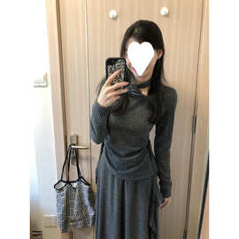 法式灰色连衣裙子套装女高级感针织衫上衣半身长裙子两件套春秋季