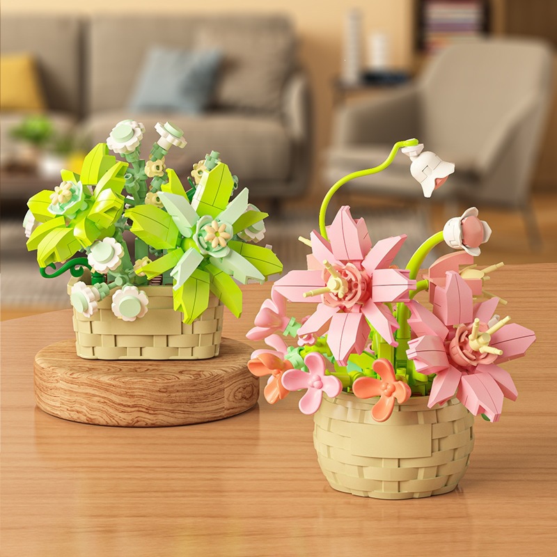 Bloques de construcción inmortales transfronterizos cestas de flores en maceta ornamentos DIY hechos a mano el 1 de junio juguetes de ensamblaje para chicas regalos