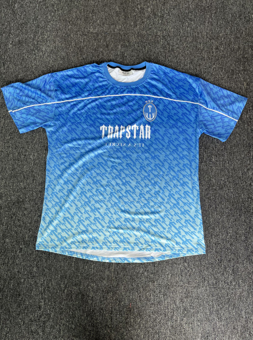 thumbnail for American Fashion Brand Trapstar22 Letter Gradient Blue Jersey Loose Sweatshirt Casual Short-sleeved Summer