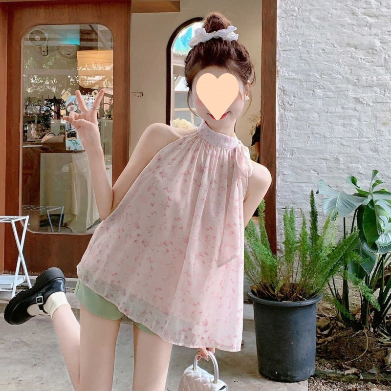 甘い首の花の袖なしのシフォンのシャツの女性の夏の新型の名媛の肩の高級感の独特な上着の女性|undefined