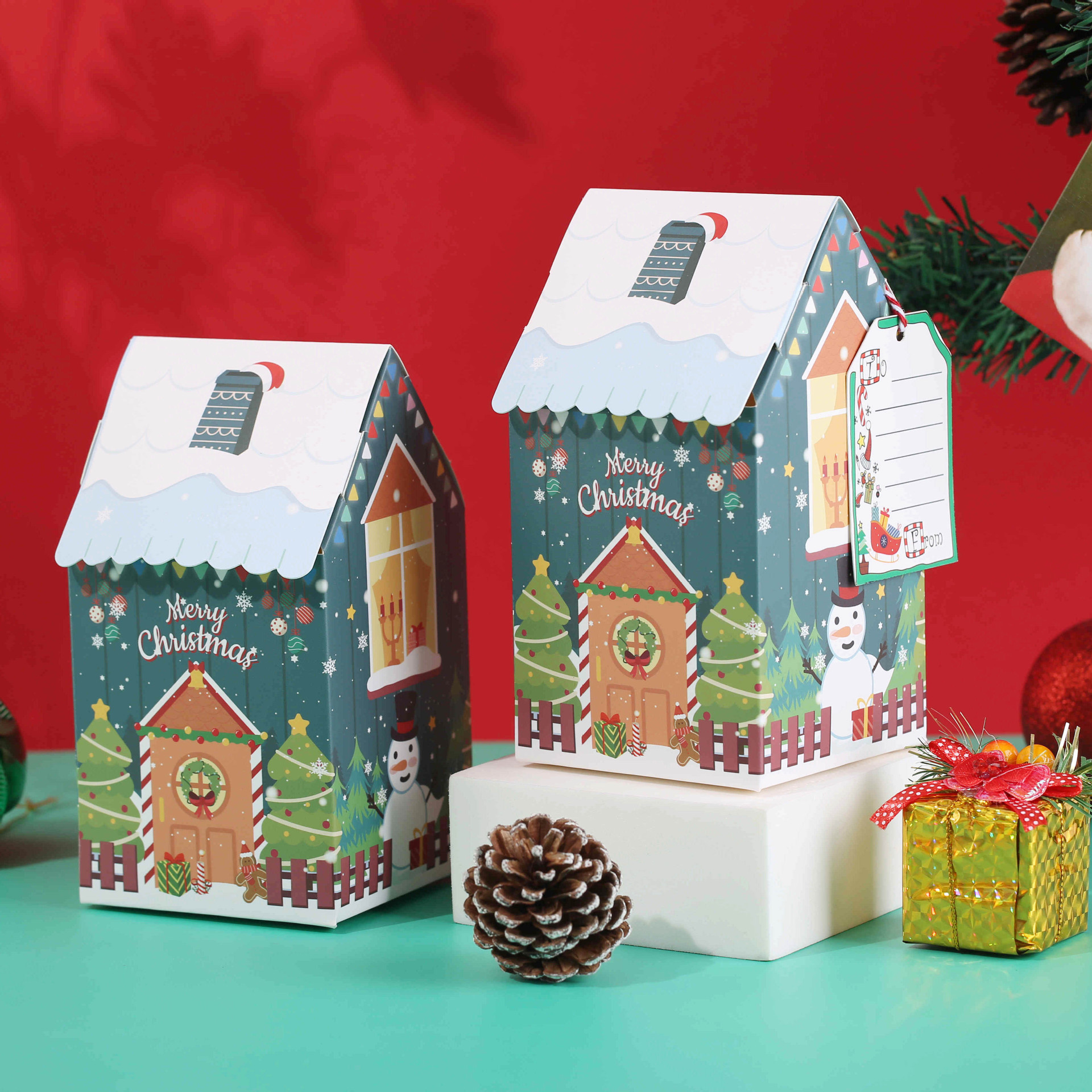 Description Picture 6 of item10PCS Colorful Cross-border Christmas Snowman Gingerbread House Little House Candy Cookie Box Bow Packaging Box Kids Gift Box