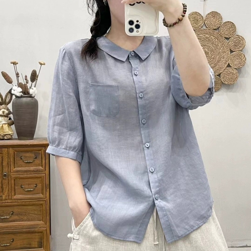 Оригинальная тонкая однотонная женская рубашка из рами, новый летний стиль, художественная свободная модная универсальная рубашка с отложным воротником для похудения для женщин.