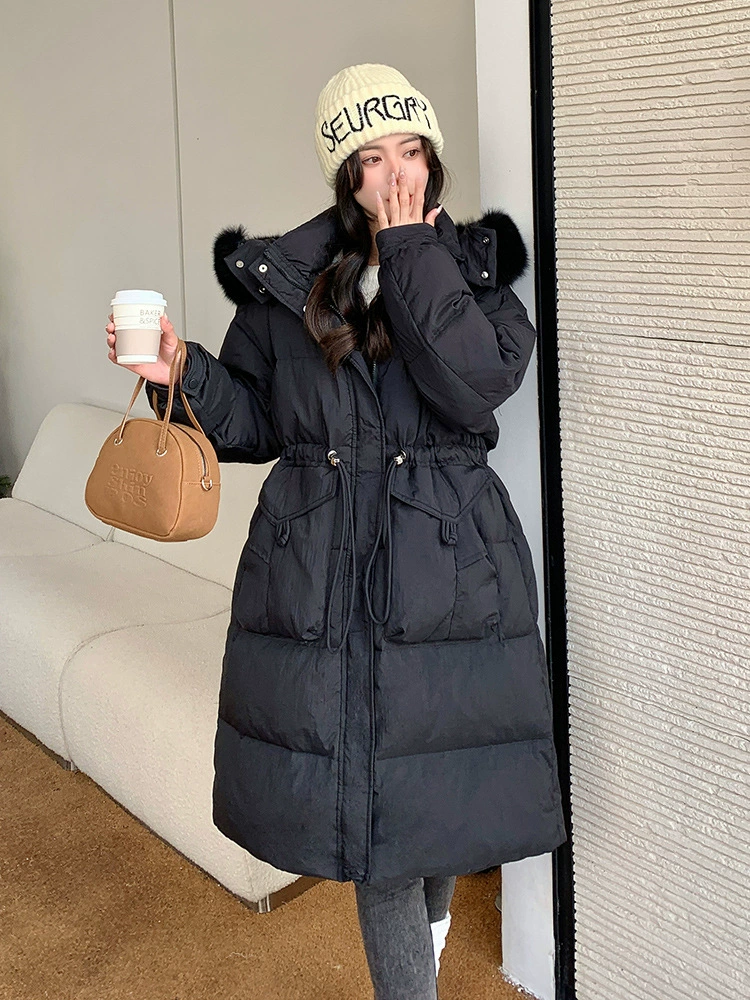 Пуховик, длинный с капюшоном, корейский стиль, plus size