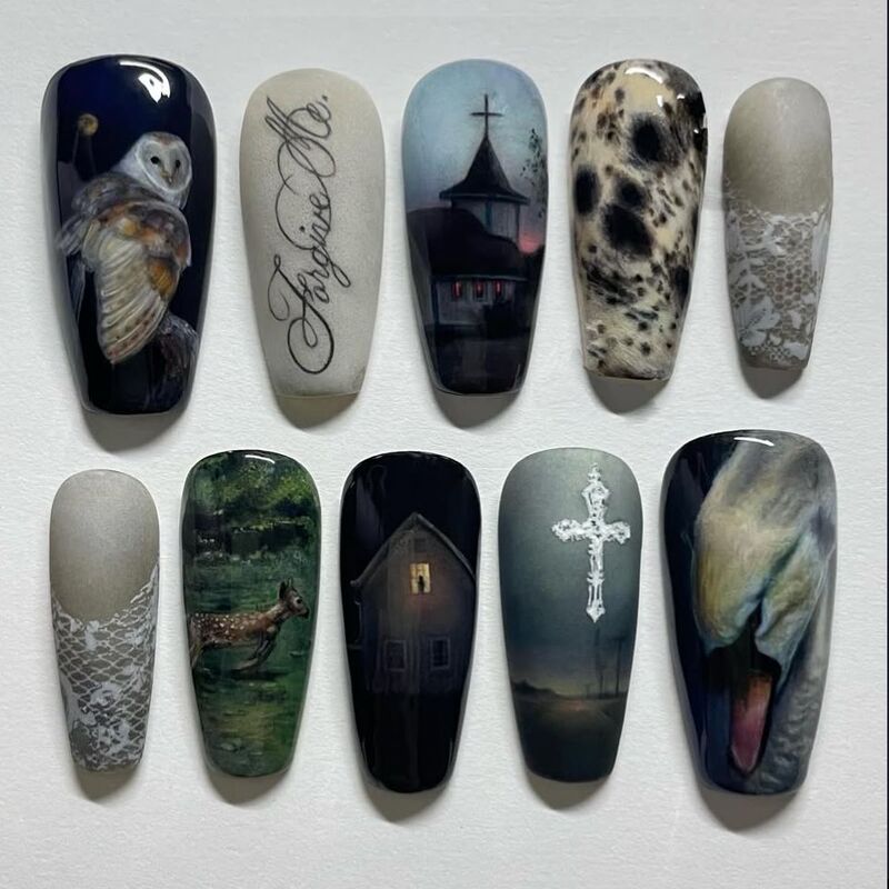 Wm-427 Night Owl Whisper Fake Nails Short t Dark Gothic Retro Fairy Tale Artistic Niche Wearable Nail Pieces Wholesale Wm-427 Night Owl Whisper Fake Nails Short t Dark Gothic Retro Fairy Tale Artistic Niche Wearable Nail Pieces Wholesale