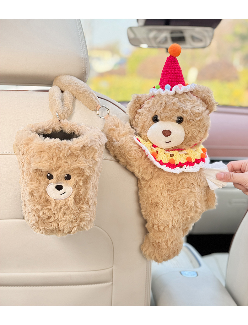 Car-Mounted Tissue Box, Bear-Shaped Hanging Tissue Holder, Creative Rear Seat Tissue Storage, Trash Bin and Tissue Box Two-In-One for Women