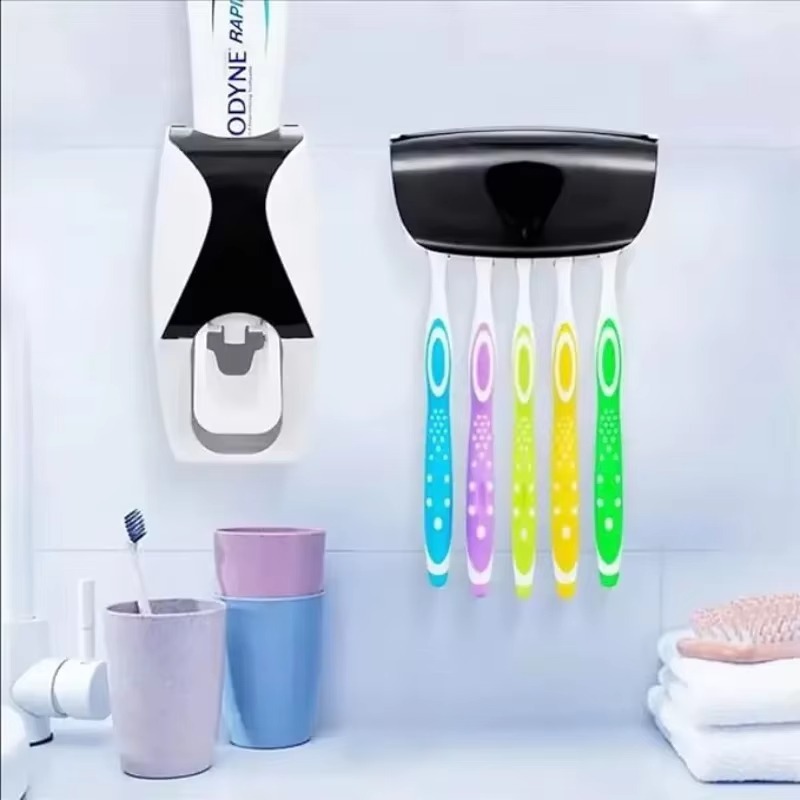 Wall-mounted Holder For Home Bathroom, No-drill Automatic Toothpaste Dispenser And Toothbrush Storage Rack Set_voghion.com