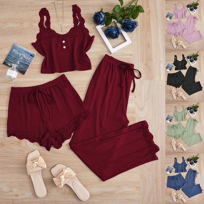 Cross-Border European and American Lace Women's Home Wear Sexy Lingerie Sleepwear Women's Camisole Shorts and Long Pants Set Wholesale Cross-Border European and American Lace Women's Home Wear Sexy Lingerie Sleepwear Women's Camisole Shorts and Long Pants Set Wholesale