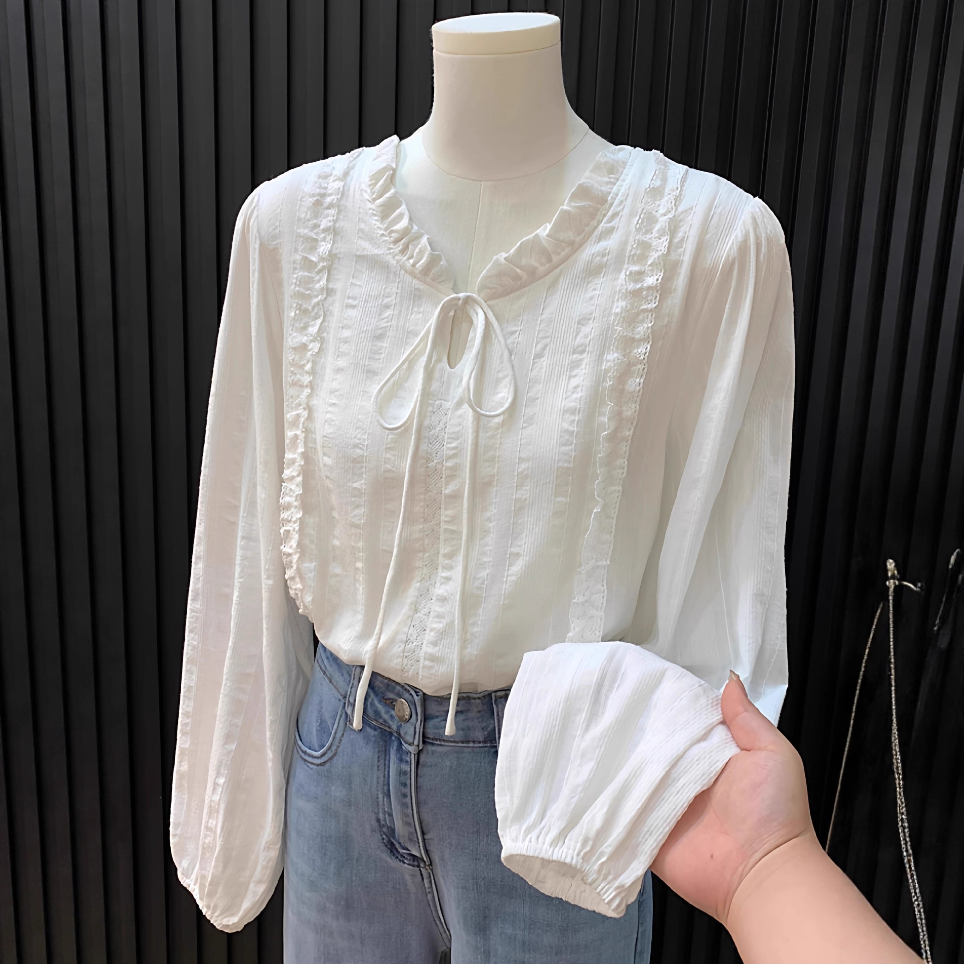 品牌外贸～剪标专柜法式花边领系带白色衬衫女温柔风气质长袖上衣