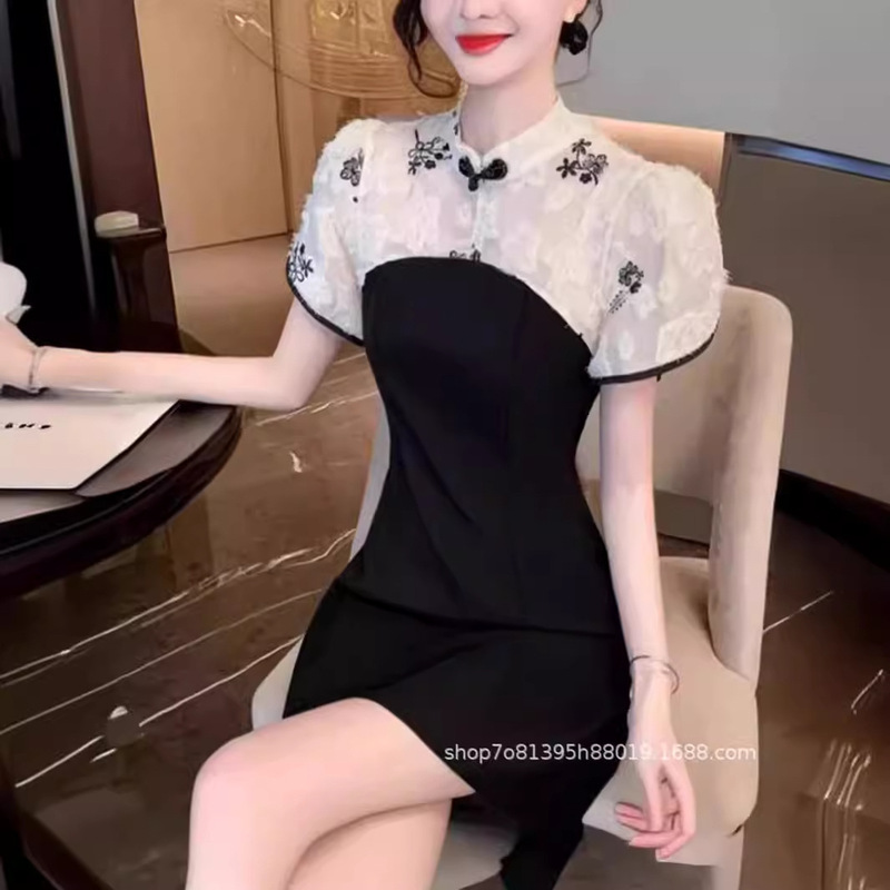 New Chinoiserie Improved Version of Cheongsam Summer Foot Bath and Pedicure Technician Beauty Salon Slim Dress Two-Piece Set 1596