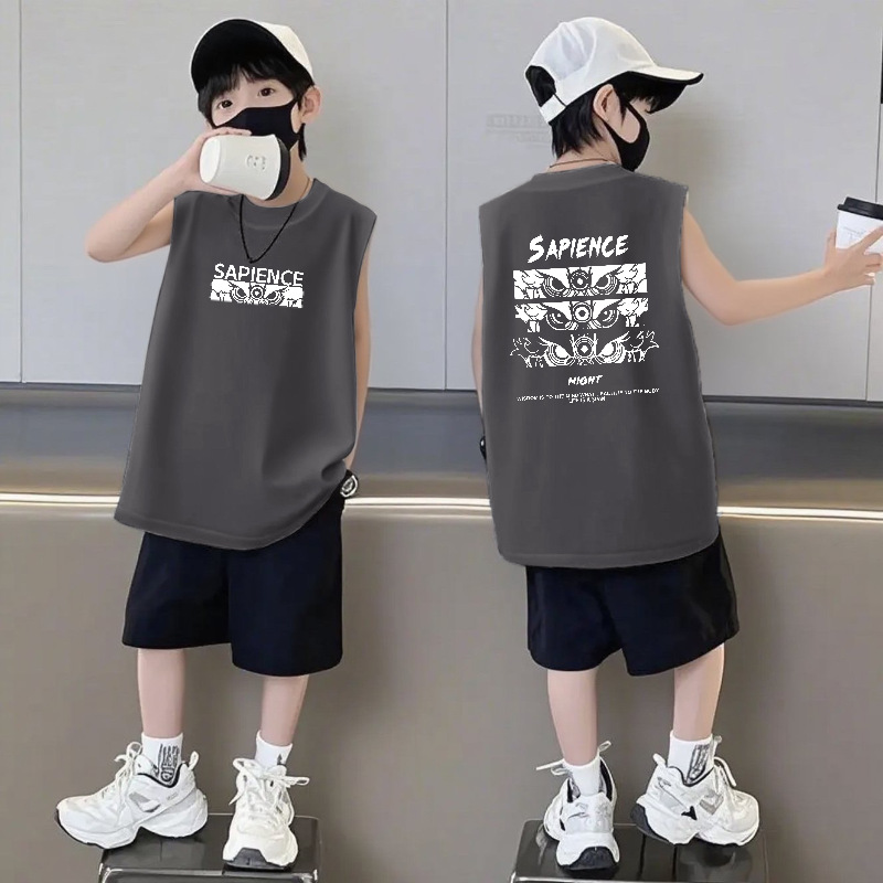 Pure Cotton Sleeveless Vest Shorts Boys' Set for Older Children, Children's Summer Sleeveless Sports National Trend Boys' Two-Piece Set