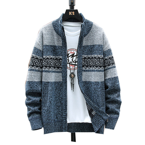 Supply autumn and winter men's printed coats, loose casual knitwear, cardigan jackets, thick warmth and velvet