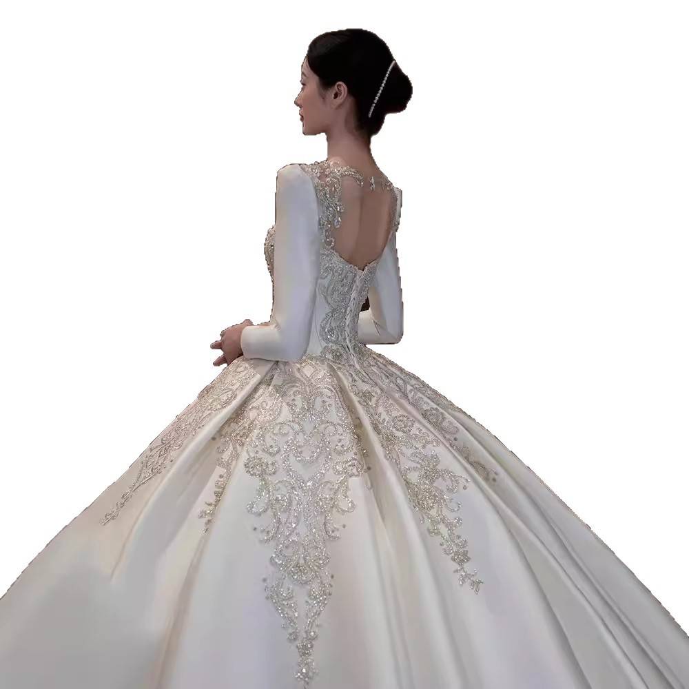 Vestido de novia de satén texturizado de alta gama, estilo invierno 2026, de manga larga, estilo princesa, con cola, de lujo, estilo francés.