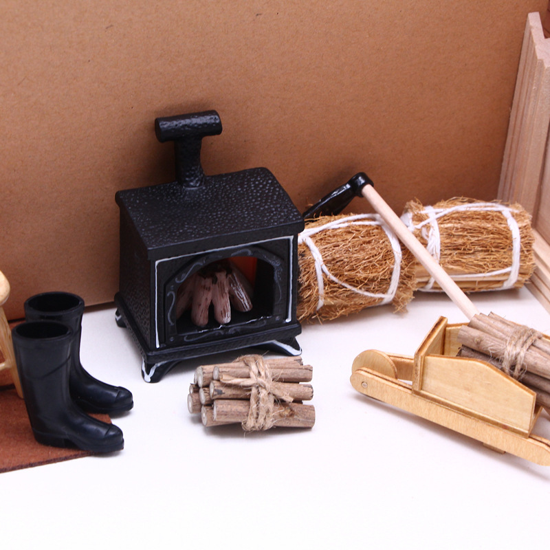Dollhouse Winter Scene Set Accessories Mini Straw Bag Miniature Wooden Match Cart Lightable Fireplace