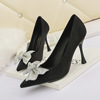 Korean fashion net red bow diamond high heels pointed sexy thin women’s single shoes banquet women’s shoes