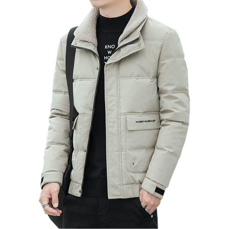 2023 Abrigo de algodón acolchado de invierno Abrigo de algodón acolchado con forro de lana engrosada para hombre Abrigo de color sólido Abrigo de algodón acolchado con bolsa de parche tridimensional informal al por mayor