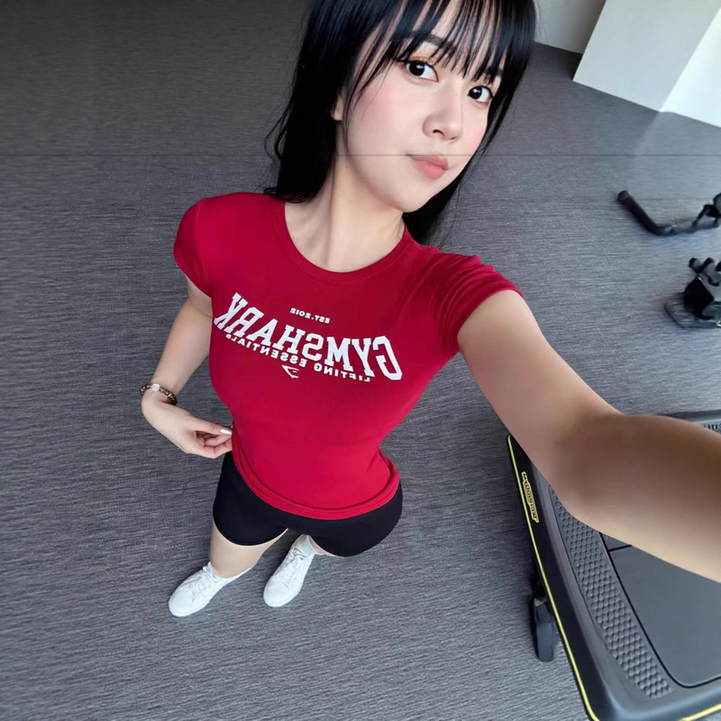 Shark Round Neck Sports Casual Top Fitness T-Shirt High Elasticity Versatile Breathable Sweat-Wicking Slimming European and American Style Shark Round Neck Sports Casual Top Fitness T-Shirt High Elasticity Versatile Breathable Sweat-Wicking Slimming European and American Style