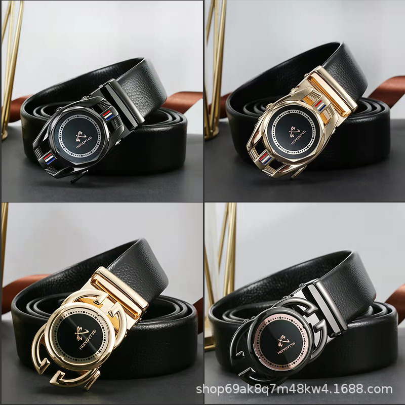 Men's Belt, Two-Layer Cowhide, 2022 New Style, High-End Belt for Young People, Business Automatic Buckle, Buckle-Free Belt